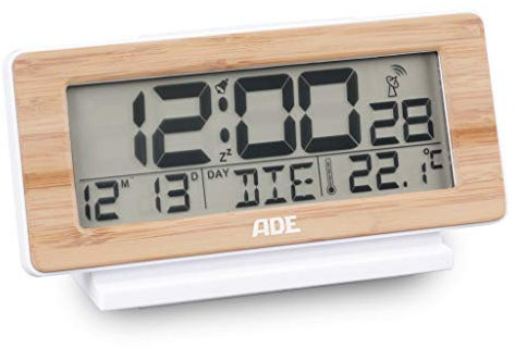 ADE Orologio digitale da tavolo | sveglia radiocontrollata da comodino | calendario | termometro | illuminazione | batteria inclusa | cornice di vero bambù
