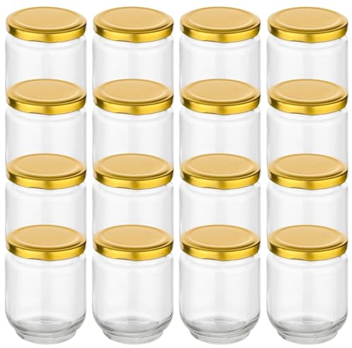 gouveo 16er Set Einmachgläser 190 ml rund mit Schraubdeckel goldfarben - Kleine Vorratsgläser mit Schraubverschluß - Schraubgläser zum Einkochen und Aufbewahren (EGR190G)