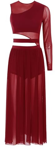 YOOJIA Damen Tanzkleid Eiskunstlauf Kleid Ballettanzug Lang Ballettkleid EIN Schulter Latein Rumba Tango Kleid Ballsaal Dancewear Burgundy M