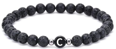 Bishilin Paar Armbänder Charms, Perlenarmband Chakra 6MM Schwarz Lavagestein mit Buchstabe C Armbänder Männer Frauen Personalisiert