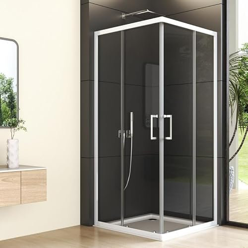 Duschkabine Eckeinstieg Schiebetür 80x80x185cm Weiß Duschabtrennung, Duschkabine mit Doppel Schiebetür Duschwand 6mm ESG Glas Sicherheitsglas, Duschtür Höhe 185cm