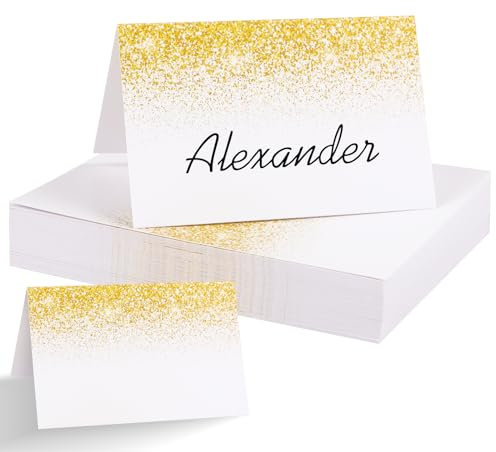 BETESSIN 50 Stück Hochzeit Tischkarten mit Goldenem Glitzerpulver-Design - Blanko Namenskarten zum Beschriften - Platzkarten für Hochzeit, Geburtstag, Konfirmation, Kommunion, Taufe und mehr