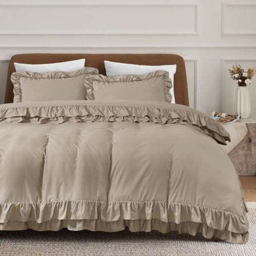 QATAN 3 Pieces Ruffle Bedding Set with 2 Pillowcase Frills Duvet Cover with Button Closure Soft Microfiber Duvet Cover Set (Beige, Double)