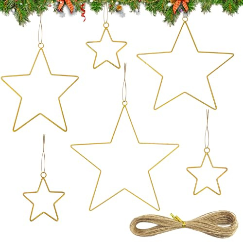RANJIMA Metallstern Weihnachtsstern, 6 Stück Metallring Stern, Metall Stern zum Aufhängen mit 10m Juteschnur, Draht Sterne für Weihnachtsdeko Hochzeit Geburtstag Tischdeko Deckendeko Wanddeko