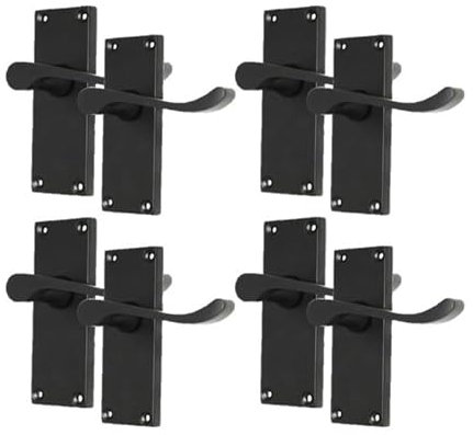 Epsom Door Handle Matt Black Scroll Door Handle Set - Victorian Style Internal and External Lever Door Handles with Backplate (4 Pair of Handles)