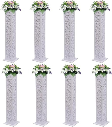 LOYALHEARTDY 8PCS Wedding Flower Column White PVC Carved Pillars with LED Lights, 47 Tall Decoration Flower Stand Roman Wedding Columns for Wedding Birthday Party Decorations