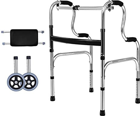 RENYUEH Mobility Walker Gehgestell mit 2 Rädern und Sitz Klappbarer Gehwagen für Senioren, Tragbarer Gehwagen mit Höhenverstellung Gehwagen aus Edelstahl Behinderten-Gehhilfen,C