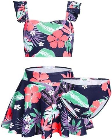 Arshiner Flicka bikiniset 3 st barn blommor sjöjungfru baddräkt volanger tankini med kjol badmode baddräkt 5–12 år, Färg 4, 9-10 år