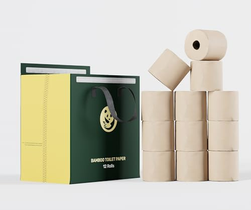 Rouleaux de papier hygiénique en bambou 100% QingYa, 12 rouleaux, à 3 plis, doux et résistant, 220 feuilles par rouleau, sûr pour les systèmes d'évacuation d'égouts, brun non blanchi, certificat FSC