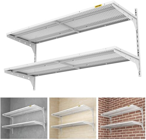 Aecxm 1pack×2 Tier 1.3x4ft Garage Shelving Wall Mounted, 260lbs Load Capacity，15.6x48inch per Shelf Height Cassette Adjustable Floating Shelves(White)
