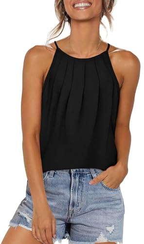WIHOLL Tank Top Damen Plissiert Neckholder Spaghetti Träger Top Locker T Shirt Sommer Ärmellos Oberteile Schwarz S