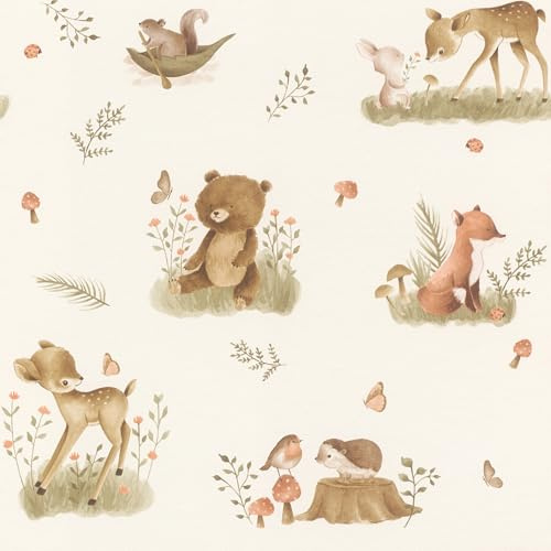 Rasch Kindertapete Waldtiere Kids World II - Märchenhafte Vliestapete Tiermotiv in Beige für ein natürliches Wohnambiente in Kinderzimmer, Spielzimmer und Schlafzimmer - 10,05 m x 0,53 m