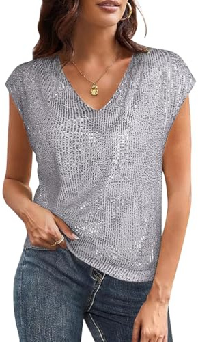 Onsoyours T-Shirts Femme Glitter Mode Haut De Fête Cocktail Brillante Paillettes Manches Courtes Club Tops Élégant Festive Tunique Bluse Décontractée Confortable Shirt A Argenté S