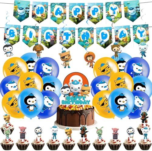 Geburtstagsparty-Dekorationen für Kinder, Cartoon-Happy Birthday-Dekorationen mit Banner, Luftballons, Kuchendekoration, Cupcake-Topper