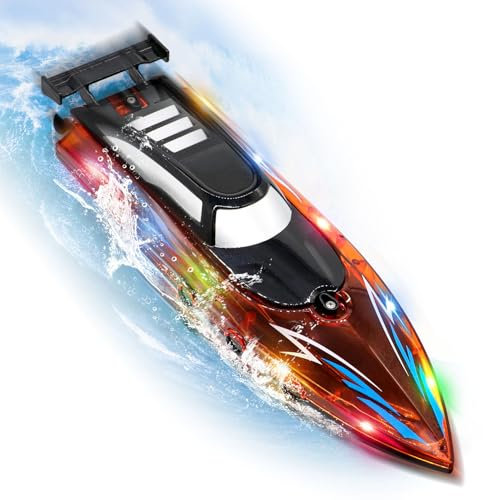 Herbst Ferngesteuertes Boot mit LED-Licht 2,4-GHz RC Rennboot hohe Geschwindigkeit Boot Ferngesteuert mit 2 Batterien für Kinder Erwachsene Wasser-Spielzeug Geschenk für Seen Poolspielzeug