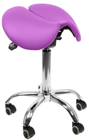Spacetronik Sattelhocker mit Rollen Höhenverstellbar 59-79 cm | Ergonomischer Hocker mit Geteilter Sitz, Drehhocker aus PU-Leder, Arbeitshocker mit 5 Rollen, Belastbarkeit bis 100 kg