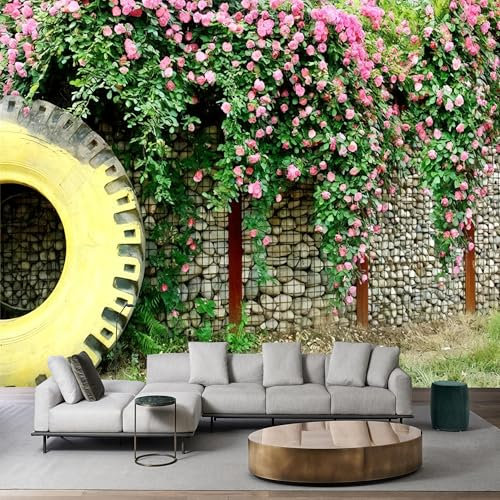 Papel tapiz autoadhesivo extraíble para pared de piedra con diseño de flores rosas, neumáticos amarillos, para habitación de niños, dormitorio y decoración creativa del espacio