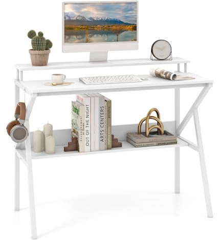 COSTWAY Schreibtisch mit Monitorständer, 100 x 50 cm Kleiner Computertisch, PC-Tisch mit Regal, Haken & Metallrahmen, moderner Bürotisch aus Holz, Arbeitstisch für Home Office, Weiß
