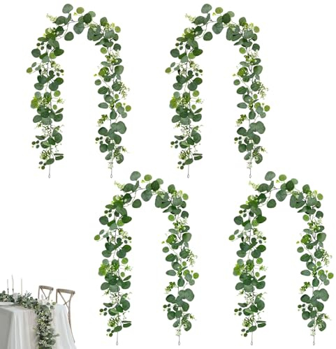 Künstliche Girlanden Eukalyptus, 1,8m, 4 Stück Grüne Blätter Weiße Blume Girlande, Künstliche Girlande Pflanze mit Weidenblättern, Pflanze Hängepflanze, für Hochzeitsstrauß, Blume, Heimdekoration