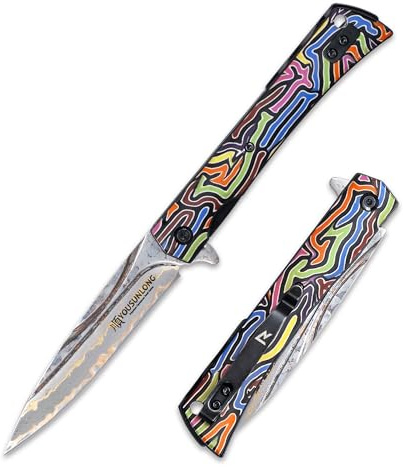 YOUSUNLONG Cuchillo Plegable - Cuchillo Camping CuMai Hoja Acero Damasco - Mango G10 Multicolor