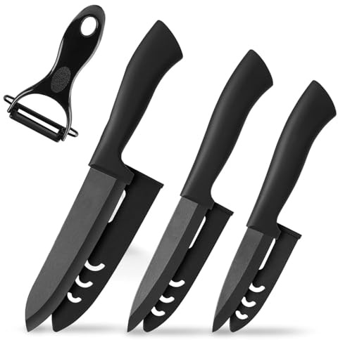 MUXUN Set de 3 Couteaux de Cuisine en Céramique avec Étui - Lame Ultra Tranchante Utilitaire 5, Fruits 4, Éplucheur 3, Éplucheur pour Fruit et Légume