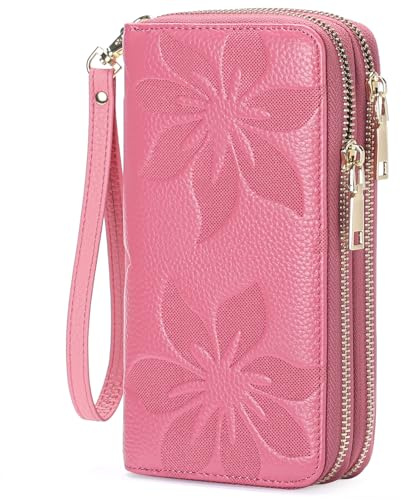 GOIACII Doppelreißverschluss Damen Geldbörse Groß RFID-Schutz Leder Portemonnaie mit Handgelenkband Lang Handytasche Blumenprägung Rosa