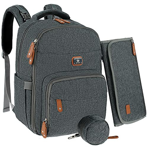 PEIZHIYC 3 in 1 Baby Wickelrucksack 33x21,6x43cm Wickeltasch Rucksack mit 18 Taschen Multifunktionale Faltbar Wickeltasche für Mama Papa (Dunkelgrau)