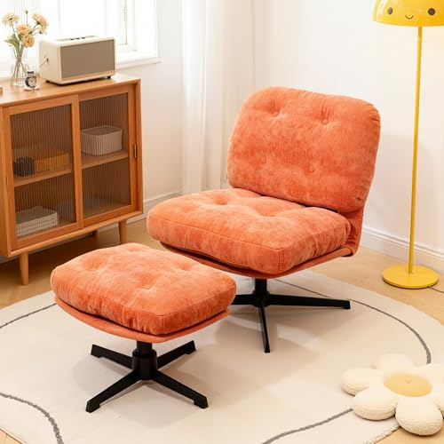 BonVoche Relaxsessel mit Hocker, 360° drehbarer Wohnzimmerstuhl, Chenille Polstersessel für Wohnzimmer, Schlafzimmer und Balkon, Ohrensessel, Orange