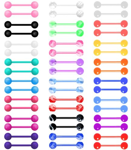 FIRSAUKI 48Pcs 14G Glow in Dark Flexible Acrylic Straight Tongue Barbell Plastic Candy Color Tongue Piercing Jewelry for Women Men 16mm Bar