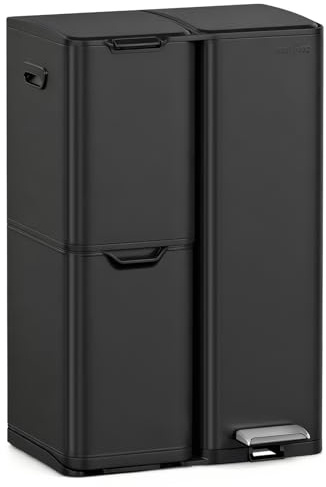 mVm Mülleimer Küche,60 Liter Treteimer,3 Fächer, Mülltrennsystem, Abfalleimer Küche mit Inneneimer aus Kunststoff,Metall,Klappdeckel, Softclose, Luftdicht