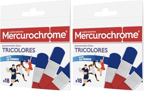 MERCUROCHROME - Pansements tissu tricolores Bleu Blanc Rouge - 18 unités - Protège les petites blessures du quotidien - Kit du supporter pour toute la famille - Sachet refermable (Lot de 2)