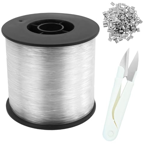 200 m transparent nylontråd med 120 hylsor i aluminium och 1 sax, monofilamentfisketråd, 0,8 mm nylontråd, osynlig och hållbar för hantverk