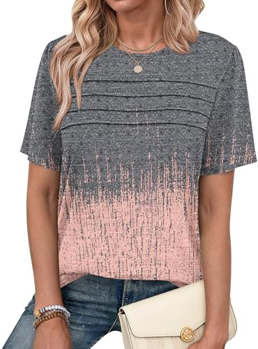 PLMOKEN Blusas Mujer Verano Camisetas Manga Corta Cuello Redondo T-Shirt | Pliegues en el pecho, basicas top, elegante, casual, versátil para uso diario
