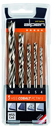 ALPEN Spiralbohrer Set HSS Cobalt 5-teilig (ø 4-10 mm, Maschinenbohrer, selbstzentrierend, 5% kobaltlegiert, für Weich- und Harthölzern, Spanplatten) 63300005100