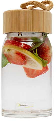 Stylische Getränkeflasche/Trinkflasche aus Glas 400ml für Getränke to go (Cocktails, Tee, Fruchtsäfte, Smoothies, Wasser) inkl. Deckel mit Schlaufe und Metalsieb