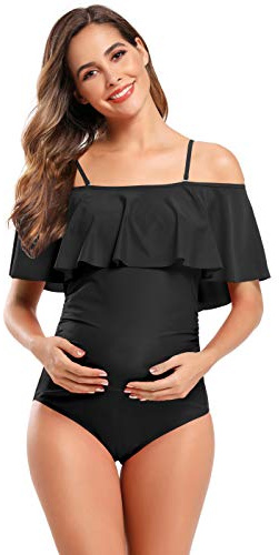 SHEKINI Mujer Embarazadas Traje de Baño Elegente Ajustable Acolchada Traje de Baño de Una Pieza Ruched Talla Grande Vestido de Premama Ropa de Playa(XXL, Negro)