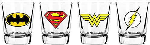 Justice League Lot de 4 verres à shot – Capacité de 56,7 g – Lot de 4 verres à shot – Superman, Batman, Wonder Woman, Flash