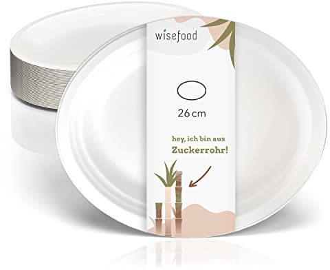 wisefood Zuckerrohr Teller - 50 Stück Bagasse Einwegteller oval 26cm - Einmal Pappteller ideal als Partyteller oder Speiseteller - Biologisch abbaubares Zuckerrohr Geschirr ohne PLA/PE