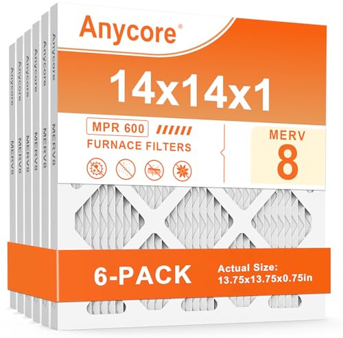 Anycore Filtro de aire para horno de CA de 14 x 14 x 1 pulgadas, MPR 600, paquete de 6 filtros de CA MERV 8 plisados HVAC (dimensiones exactas 13.7 x 13.7 x 0.75 pulgadas)