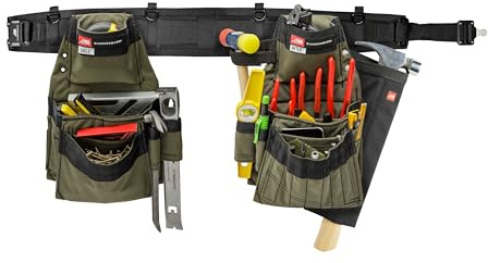 Diamondback Artisan Tool Belt System, Right Handed, Ranger Green, Large | Padded work base with 2 modular pouches & hammer holster - slim no-snag profile - keeps fasteners & hand tools sorted