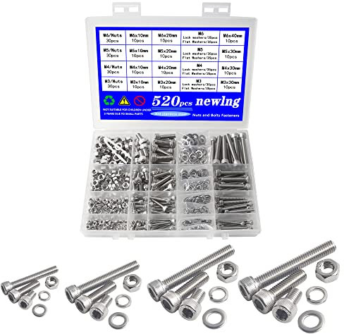 Newlng 520pcs Kit Viti e Bulloni M3 M4 M5 M6 Con Dadi e Rondelle Piatte - Assortimento in Acciaio Inossidabile 304 Con Testa Esagonale e a Brugola