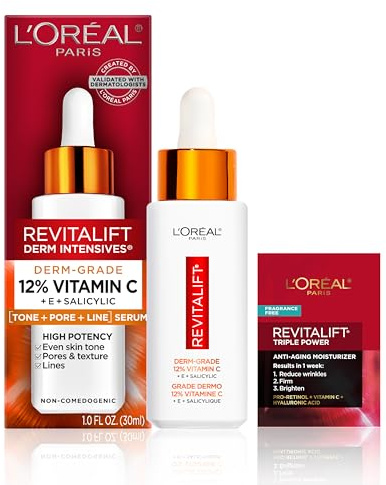 L'Oreal Paris Revitalift 12% Pure Vitamin C Serum, Brightening Serum For Face with Vitamin E, Salicylic Acid, 1 oz + Moisturizer Sample