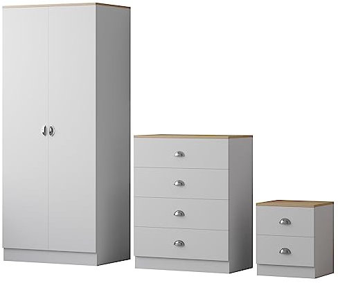 FWStyle Esher 3 Piece Bedroom Furniture Set including 2 door wardrobe, a large 4 drawer chest and bedside cabinet,Matt White
