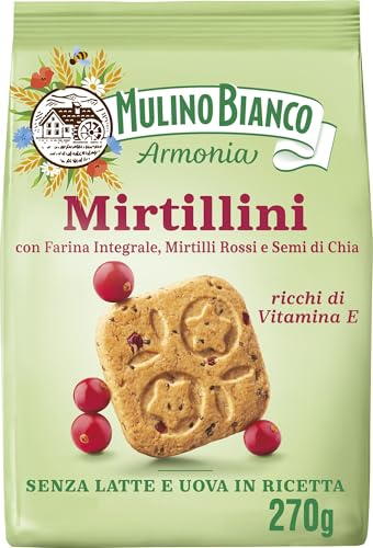 Mulino Bianco Mirtillini, Biscotti Frollini con Farina Integrale, 270g | Mirtilli Rossi e Semi di Chia, Ricchi di Vitamina E, Senza Latte e Uova in Ricetta