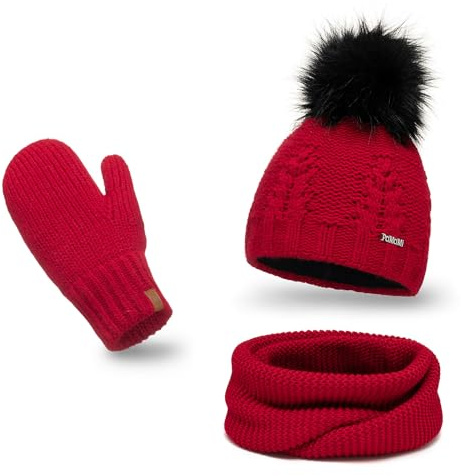 PaMaMi Winterset Mütze, Schal & Handschuh-sets für Damen I Kopfumfang 55-58 cm I Wintermütze mit Fleecefutter Atmungsaktiv I Winter-Strickset für Frauen I Fäustlinge Mütze Schal set Damen