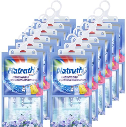 NATRUTH Confezione da 12 sacchetti assorbitori di umidità con lino fresco, sacchetti essiccanti da appendere per cucina, bagno, guardaroba, eliminano gli odori, sacchetti deumidificatori da appendere