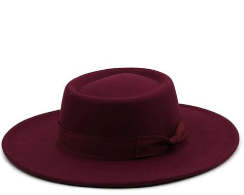 Damen Herren Hut mit breiter Krempe, Jazzhut, klassischer Filzhut, solider britischer Fascinator, Damen-Filzhut, Weinrot, Einheitsgröße