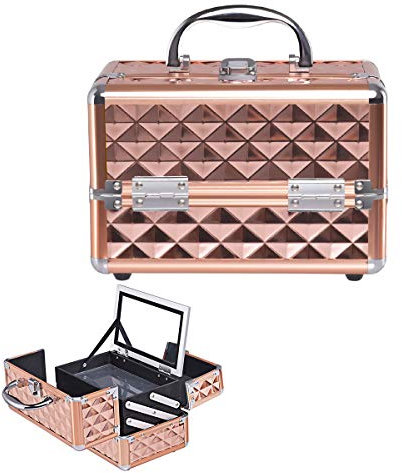 HOMASIS Kosmetikkoffer mit Spiegel, Mini Schminkkoffer mit 3 Ebenen, tragbarer Beauty Case mit Griff & Schloss, Friseurkoffer Hartschale, Make Up Koffer für Damen & Mädchen, 23 x 15 x 18 cm (Rosegold)