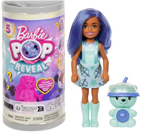Barbie Pop Reveal Muñeca Chelsea con Vaso Té de Burbujas con Cubitos de Hielo Que revelan Ropa, Mascotas y Accesorios Sorpresa, Modelos Surtidos, Juguete +3 años (HRK63)