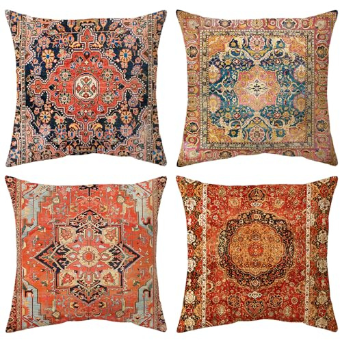 Hykiee Kuddfodral exotisk röd 45 x 45 cm set med 4, dekorativa fyrkantiga mjuka prydnadskuddfodral, dubbelsidiga tryckta bohemiska kuddöverdrag för vardagsrum soffa sovrum utomhus trädgårdsmöbler 18